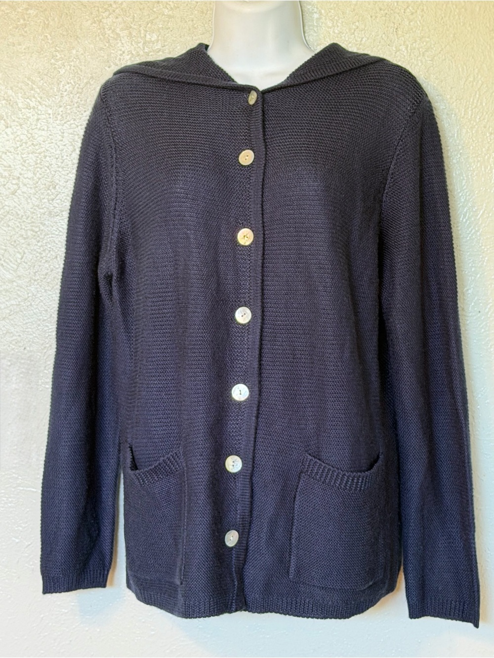 Gretchen Scott Navy Blue Hooded Sweater Knit Chore Coat Cardigan Jacket Sz M